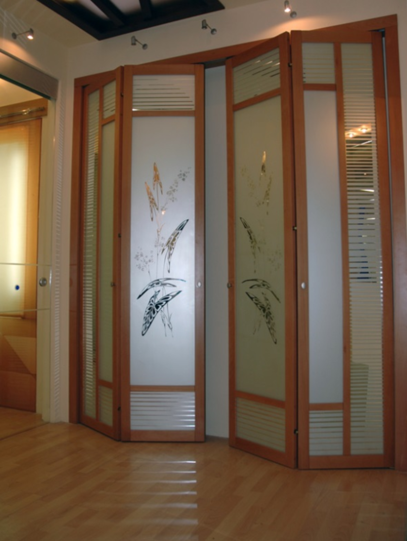 Широкие двери гармошка с матовым стеклом и рисунком Кострома